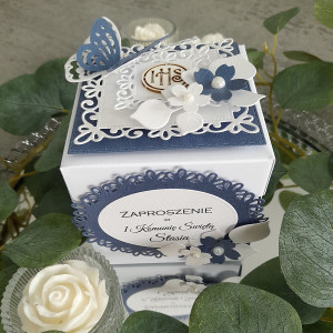 Zaproszenie na Pierwszą Komunię Świętą Exploding Box Chabrowy