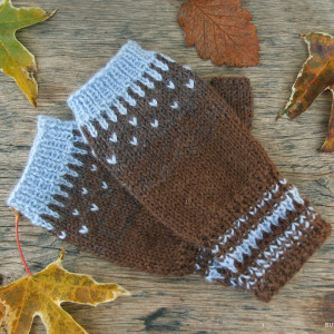 Wełniane mitenki, rękawiczki bez palców, brązowo-niebieskie