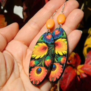 Duże folkowe kolczyki na jesień, prezent na święta dla żony, pomarańczowo czarne, jesienne kolory, biżuteria etno boho