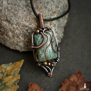 Wisiorek miedziany naszyjnik agat mszysty wire wrapping