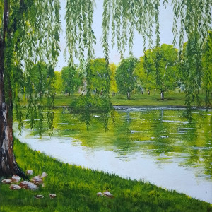 OBRAZ RĘCZNIE MALOWANY AKRYLOWY "W PARKOWYM BLUSZCZU" - 30x24cm