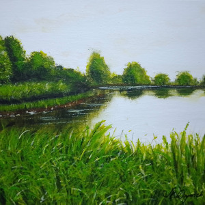 OBRAZ RĘCZNIE MALOWANY AKRYLOWY "NAD ZIELONYMI MOKRADŁAMI" - 24x30cm