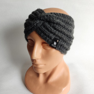 Opaska ręcznie robiona na drutach, ciemna szara, grafitowa.