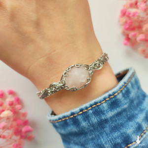 Bransoletka Kwarc Różowy sztywna stal chirurgiczna wirewrapping handmade