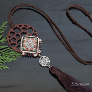 Brązowy długi naszyjnik sutasz boho Mandala