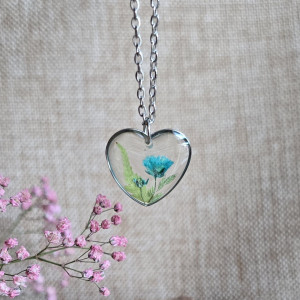 Serce serduszko paproć Srebrna zawieszka srebrny wisiorek naszyjnik żywica z żywicy kwiaty z kwiatami retro naturalna dziewczęca kobieca niebieska