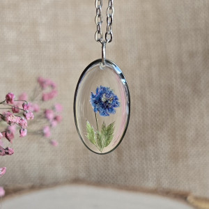 Srebrna zawieszka srebrny wisiorek naszyjnik żywica z żywicy kwiaty z kwiatami jajowata retro naturalna dziewczęca kobieca niebieska gipsówka