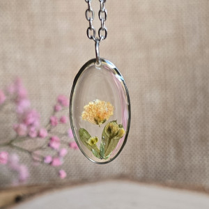 Srebrna zawieszka srebrny wisiorek naszyjnik żywica z żywicy kwiaty z kwiatami jajowata żółta retro naturalna dziewczęca kobieca bukiet kwiatowy żółty