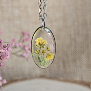 Srebrna zawieszka srebrny wisiorek naszyjnik żywica z żywicy kwiaty z kwiatami jajowata retro naturalna dziewczęca kobieca bukiet kwiatowy żółty