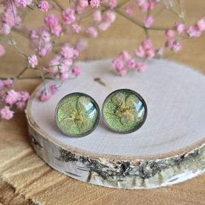 Srebrne kolczyki z kwiatami wkręty sztyfty z żywicy żywica epoksydowa z suszonymi prawdziwymi kwiatami zielone