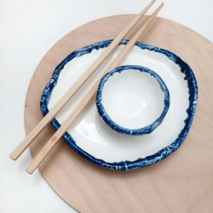 zestaw do sushi wabi sabi talerzyk i miseczka ręcznie lepiony ceramiczny komplet