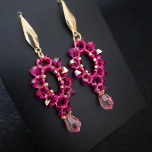 Długie Wiszące Kolczyki „Fuchsia & Rose” z Koralików i Kryształków