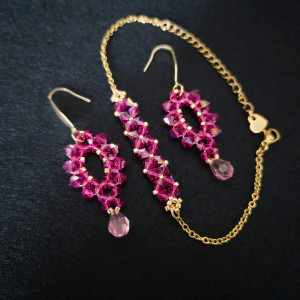 Komplet Biżuterii „Fuchsia & Rose” - Bransoletka i Kolczyki z Kryształków i Koralików