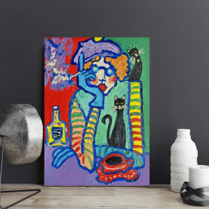 obraz ręcznie malowany popołudniowa kawka z kotami