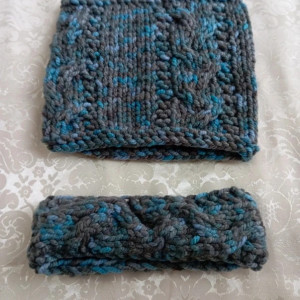 Nowy komplet komin i opaska, szaro-niebieski, robiony na drutach