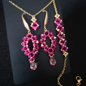 Komplet Biżuterii „Fuchsia & Rose” - Bransoletka, Naszyjnik i Kolczyki z Kryształków i Koralików