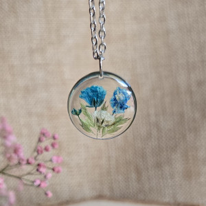 Srebrna zawieszka srebrny wisiorek naszyjnik żywica z żywicy kwiaty z kwiatami retro naturalna dziewczęca kobieca niebieskie