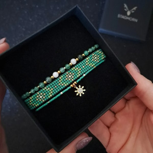 Zestaw bransoletek „Emerald Frost” - Awenturyn, Kwarc Różowy, Agat Mszysty