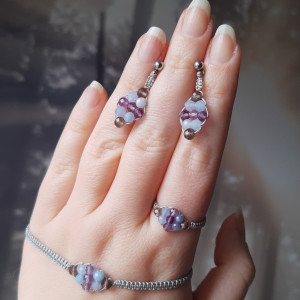 Komplet biżuterii "Mglisty Poranek" - pierścionek, bransoletka, kolczyki - ametyst, akwamaryn, kwarc dymny