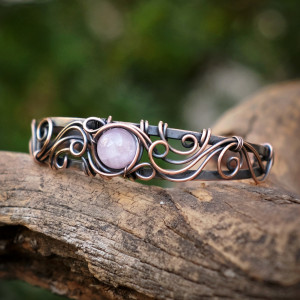 Bransoletka miedziana elficka wire wrapping z kunzytem