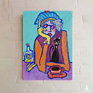 obraz ręcznie malowany  babcia i kot