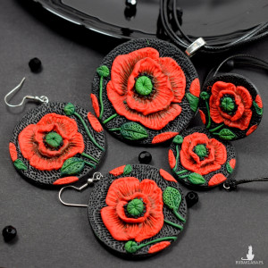 "czerwone maki" duży komplet biżuterii