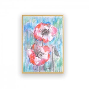 obraz malowany ręcznie, oprawiony szkic z makami, akwarela maki, kwiaty akwarela, łąka obraz do salonu,  prezent na ślub, ślub prezent, akwarela ręcznie malowany obraz