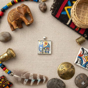 6835  Kolorowy Wisiorek Słoń - Naszyjnik Folk Art Boho - Biżuteria Zwierzęta - Prezent