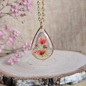 Złota zawieszka złoty wisiorek kwiat naszyjnik żywica z żywicy kwiaty łezka łza kropelka gipsówka