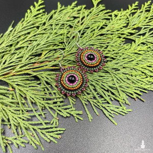 Koralikowe kolczyki koła oliwkowy pomarańczowy różowy #1040