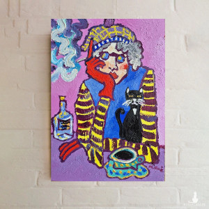 obraz ręcznie malowany  babcia, kot i kawka