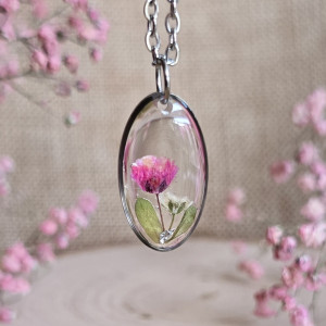 Wieczne kwiaty prawdziwe różowe wisiorek srebrna zawieszka