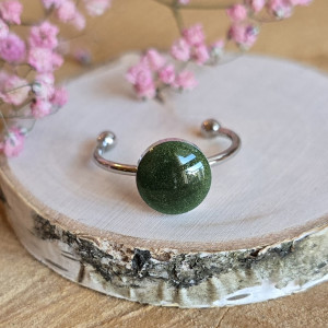 Srebrny pierścionek regulowany zielony brokatowy zielone oczko żywica butelkowa zieleń