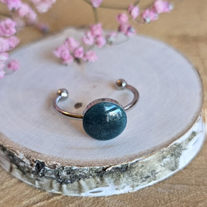 Srebrny pierścionek regulowany zielony brokatowy zielone oczko żywica butelkowa zieleń