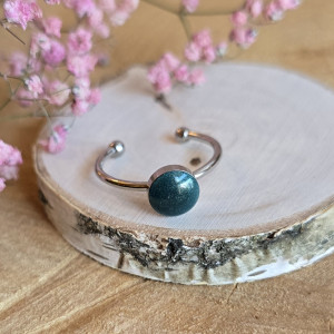 Srebrny pierścionek regulowany zielony brokatowy zielone oczko żywica butelkowa zieleń