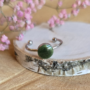 Srebrny pierścionek regulowany zielony brokatowy zielone oczko żywica butelkowa zieleń