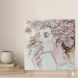 „Kobieta w kwiatach 2 ” - Obraz strukturalny - 40 × 40 cm