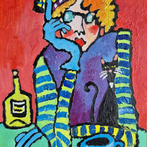 obraz ręcznie malowany  babcia, kot i kawka rozmowa bez słów