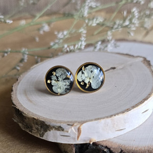 złote kolczyki wkręty sztyfty żywica z żywicy kwiaty z kwiatami suszone prawdziwe kwiaty retro czarne dzika marchew