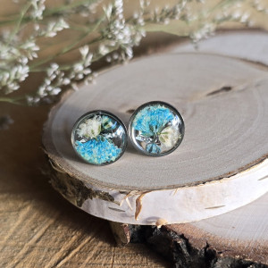 Srebrne kolczyki z kwiatami wkręty sztyfty z żywicy żywica epoksydowa z suszonymi prawdziwymi kwiatami niebieska gipsówka