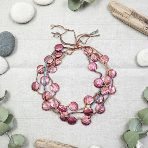 6178 Długi Naszyjnik Boho | Błyszczące Płytki Fiolet, Róż i Złoto | Ręczne Wiązanie