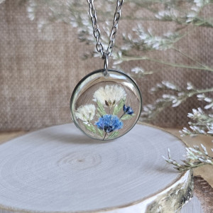 Srebrna zawieszka srebrny wisiorek naszyjnik żywica z żywicy kwiaty z kwiatami retro naturalna dziewczęca kobieca niebieskie