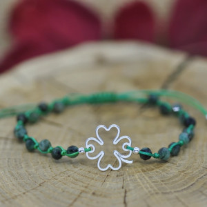 Czterolistna koniczynka - bransoletka, srebro 925 i kamienie naturalne