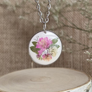 Srebrna zawieszka srebrny wisiorek naszyjnik żywica z żywicy kwiaty z kwiatami retro naturalna dziewczęca kobieca różowa