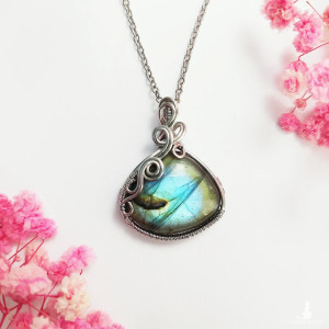 Naszyjnik Labradoryt Niebieski stal chirurgiczna wisiorek handmade wirewrapping