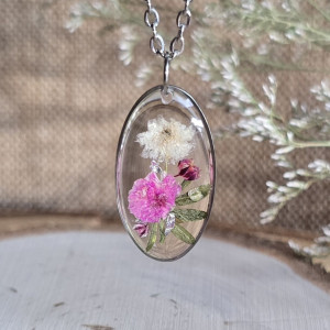 Srebrna zawieszka srebrny wisiorek naszyjnik żywica z żywicy kwiaty z kwiatami jajowata retro naturalna dziewczęca kobieca gipsówka
