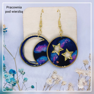 Duże kolczyki wiszące kosmos księżyc gwiazdy lunula stal ręcznie malowane