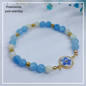 Bransoletka harmonia kamienie naturalne amazonit akwamaryn, oczko z kwiatem niezapominajki