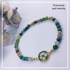 Bransoletka spokój i pewność siebie kamienie naturalne agat indyjski piryt, oczko z kwiatem tawuły