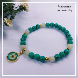 Bransoletka harmonia i spokój kamienie naturalne turkus zielony amazonit, oczko z kwiatem tawuły